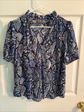 Worthington Navy and Light Blue Snake-Print Ruffle Neck Blouse